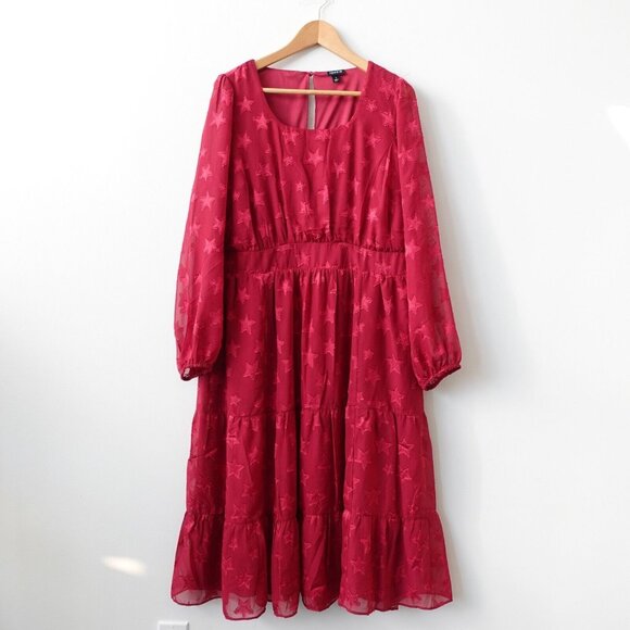TORRID Dress 1 Red Empire Midi 1X Plus Tier Flowy Peasant Prairie Clip Dot - Picture 1 of 12